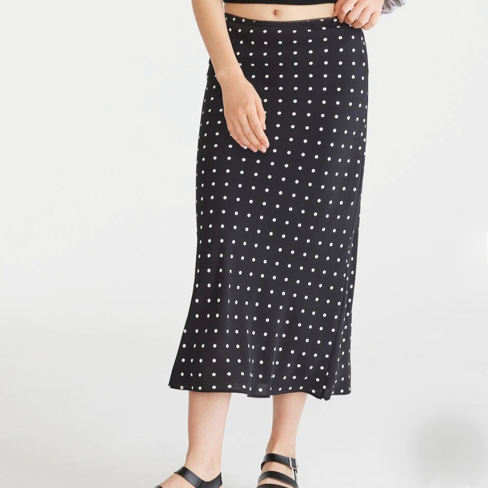 Aeropostale Black Midi Skirt with White Polka Dots